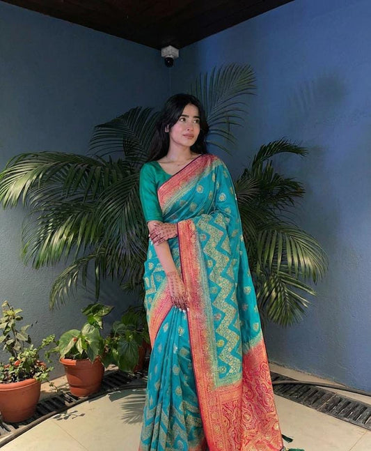 AJ-VIRASAT EUROPEAN DOLA SILK SAREE WITH HEAVY JARKAN WORK WITH CONTRAST PALLU AND BORDER WITH BEAUTIFUL DESIGN WITH TASSELS