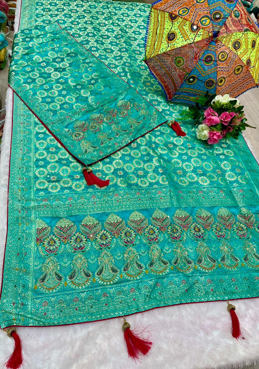 AJ-AWANTIKA-DUPTTA SATIN SILK SAREE WITH FULL HEAVY JARKAN WORK WITH HEAVY PIPING AND LUXURY TASSELS WITH DUPPATA WITH JARKAN WORK AND MOST TRENDING SAREE