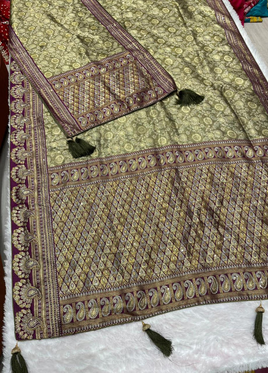 AJ-SANGAM-DUPTTA TISSU SILK SAREE WITH FULL HEAVY JARKAN WORK WITH HEAVY PIPING AND LUXURY TASSELS WITH RICH PALLU WITH DUPTTA WITH JARKAN WORK AND MOST TRENDING SAREE