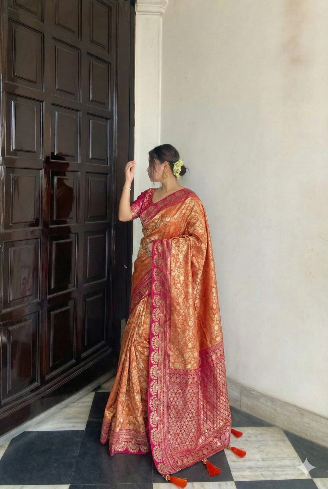 AJ-SANGAM-DUPTTA TISSU SILK SAREE WITH FULL HEAVY JARKAN WORK WITH HEAVY PIPING AND LUXURY TASSELS WITH RICH PALLU WITH DUPTTA WITH JARKAN WORK AND MOST TRENDING SAREE