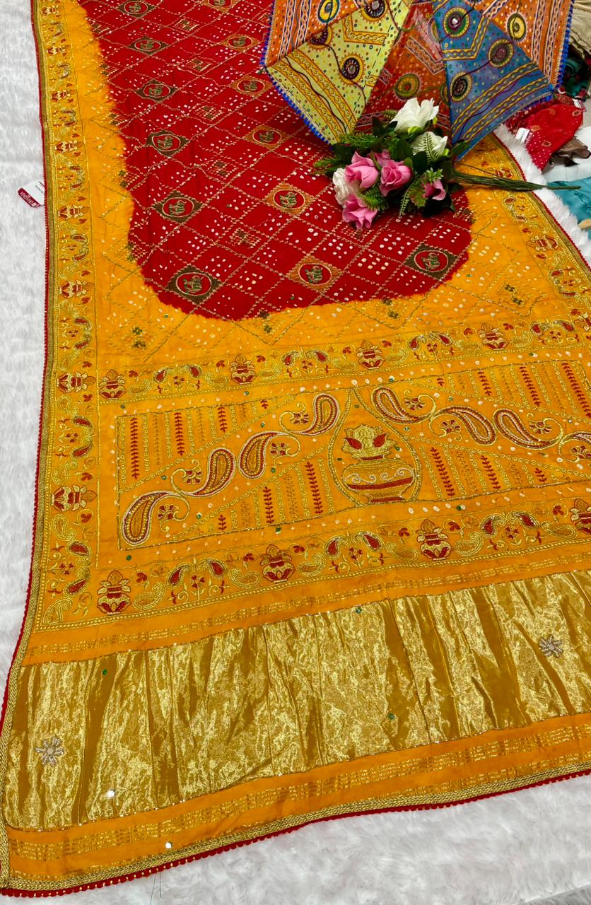 HT-PURE-PAYAL PURE BANDHANI SAREE WITH JAIPURI WORK AND VIRAL BANDHANI DESIGN WITH PETHA WORK AND LAGNI PATTA WORK WITH KHATLI WORK AND GOLDEN PIPING