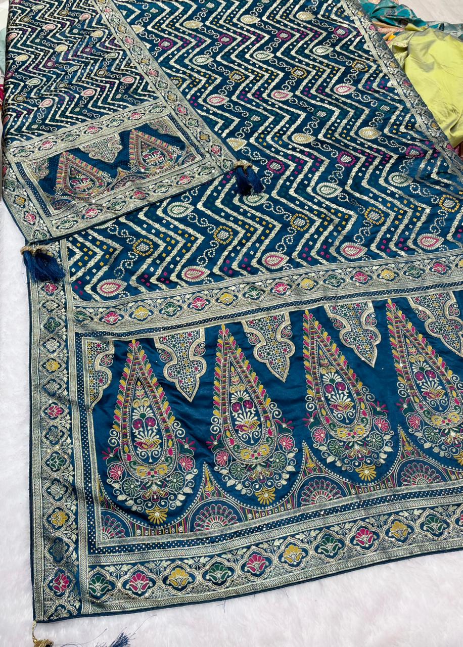 AJ-YUKTI-DUPTTA SATIN SILK SAREE WITH BEAUTIFUL BANDHANI DESIGN WITH FULL HEAVY JARKAN WORK WITH MEENAKARI WORK AND LUXURY TASSELS WITH RICH PALLU WITH DUPTTA WITH HEAVY JARKAN WORK AND MOST TRENDING SAREE