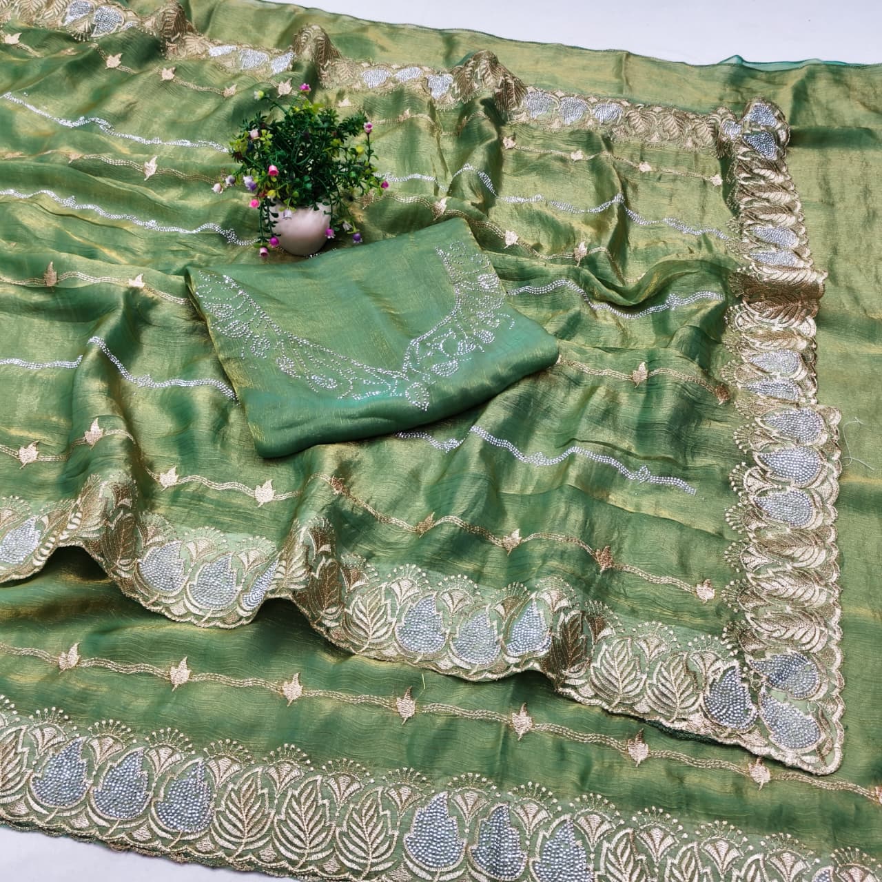 DF-ROHINI FENDI FABRIC SAREE WITH BEAUTIFUL DESIGN WITH EMBROIDERY WORK WITH SMC SIROSKI WORK WITH HEAVY BLOUSE