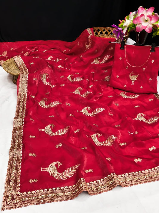 DF-PEACOCK FENDI SATIN FABRIC SAREE WITH BEAUTIFUL EMBROIDERY WORK WITH PEACOCK DESIGN WITH JARKAN WORK WITH MODERN LOOK SAREE WITH HEAVY BLOUSE