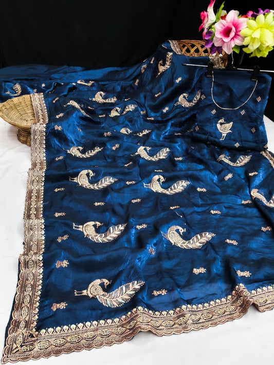 DF-PEACOCK FENDI SATIN FABRIC SAREE WITH BEAUTIFUL EMBROIDERY WORK WITH PEACOCK DESIGN WITH JARKAN WORK WITH MODERN LOOK SAREE WITH HEAVY BLOUSE