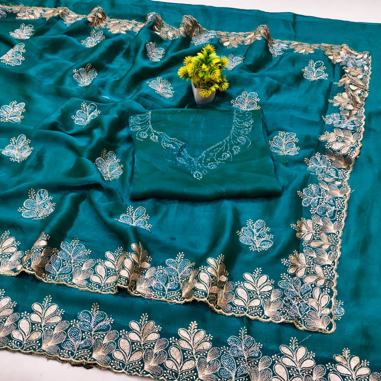 DF-RUBY FENDI FABRIC SAREE WITH BEAUTIFUL DESIGN WITH HEAVY EMBROIDERY WORK WITH HEAVY DMC SIROSKI WORK ON BUTTA WITH HEAVY BLOUSE