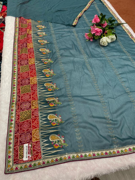 SF-UTTRAYAN Star georgette fabric saree with beautiful bandhani border with embroidery work with thread work beautiful peacock design and dmc siroski work with blouse