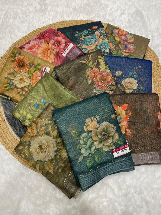 DP-4035 LINEN SIMMER SAREE WITH BEAUTIFUL FLORAL DIGITAL PRINT WITH CATLOG DESIGN WITH HAND WORK AND BLOUSE