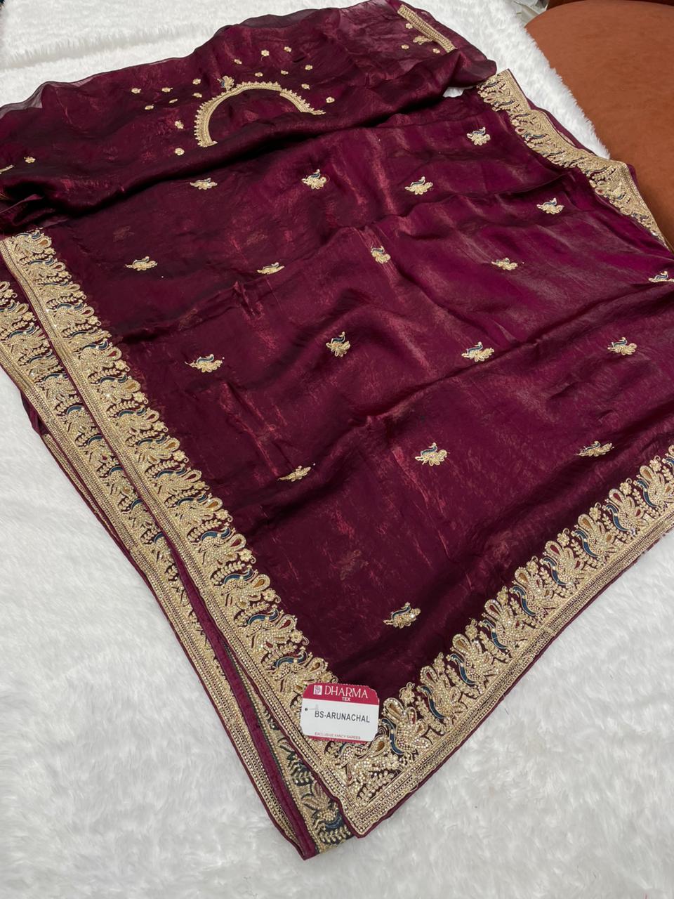 BS-ARUNACHAL Fendi satin saree with beautiful zardosi work with thread and full jarkan work with heavy blouse