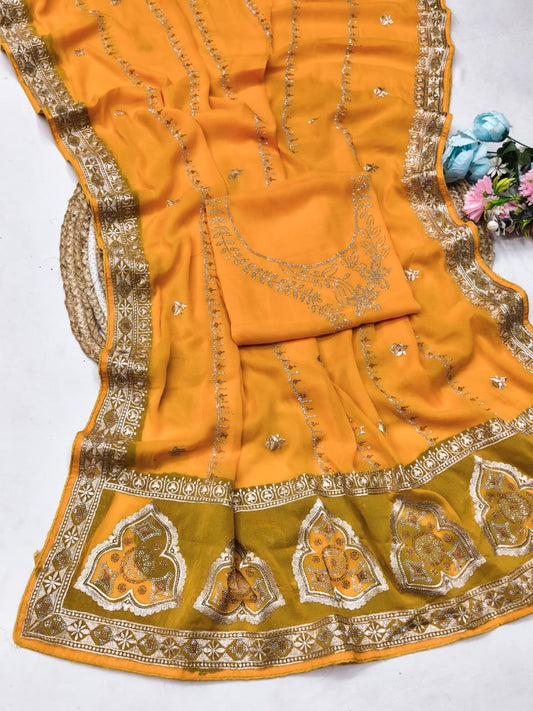 DF-SHREYA STAR GEORGETTE FABRIC SAREE WITH EMBROIDERY WORK WITH BEAUTIFUL DESIGN WITH MULTI COLOUR DMC SIROSKI WORK WITH BLOUSE
