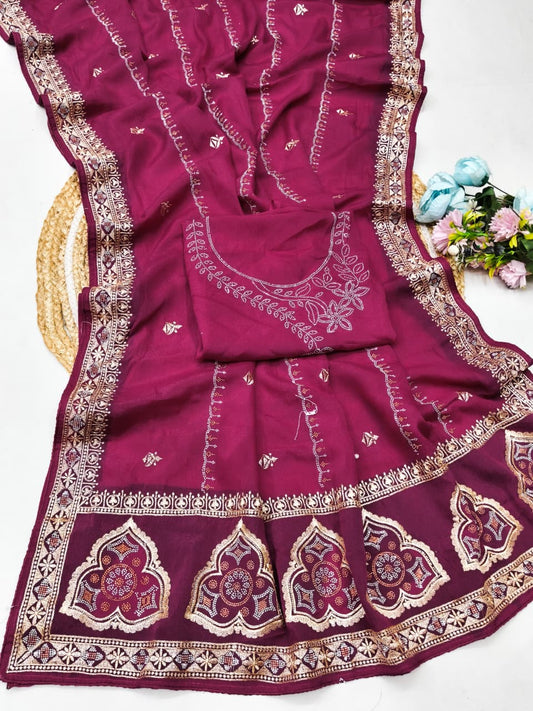 DF-SHREYA STAR GEORGETTE FABRIC SAREE WITH EMBROIDERY WORK WITH BEAUTIFUL DESIGN WITH MULTI COLOUR DMC SIROSKI WORK WITH BLOUSE