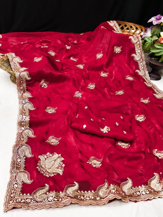 DF-MASTI FENDI CHIFFON FABRIC SAREE WITH BEAUTIFUL EMBROIDERY WORK WITH HEAVY JARKAN WORK WITH BEAUTIFUL DESIGN WITH WORK BLOUSE