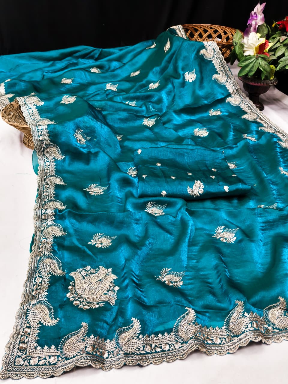 DF-MASTI FENDI CHIFFON FABRIC SAREE WITH BEAUTIFUL EMBROIDERY WORK WITH HEAVY JARKAN WORK WITH BEAUTIFUL DESIGN WITH WORK BLOUSE