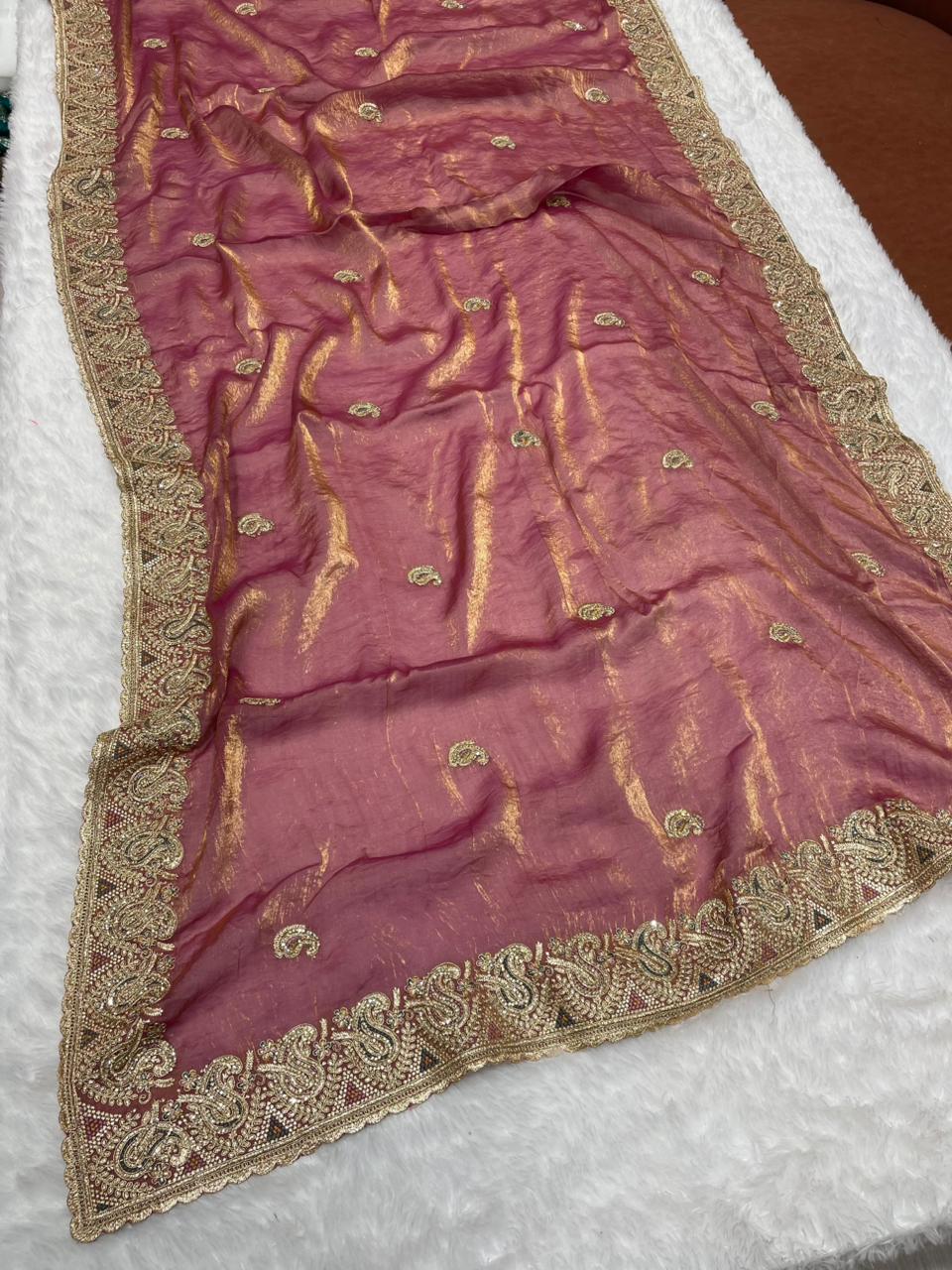 BS-BLUE BIRD SATIN FABRIC SAREE WITH BEAUTIFUL DESIGN WITH ZARDOSHI WORK WITH THREAD WORK AND JARKAN WORK WITH HEAVY WORK BLOUSE