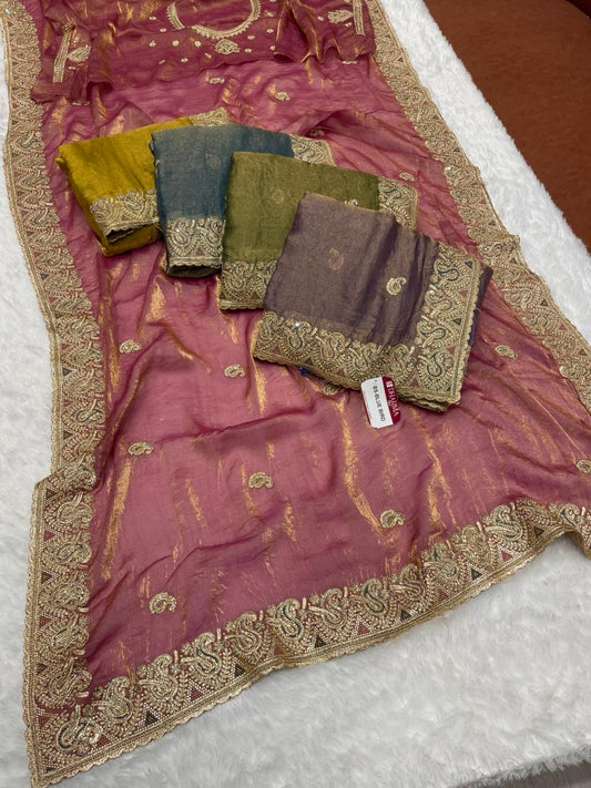 BS-BLUE BIRD SATIN FABRIC SAREE WITH BEAUTIFUL DESIGN WITH ZARDOSHI WORK WITH THREAD WORK AND JARKAN WORK WITH HEAVY WORK BLOUSE