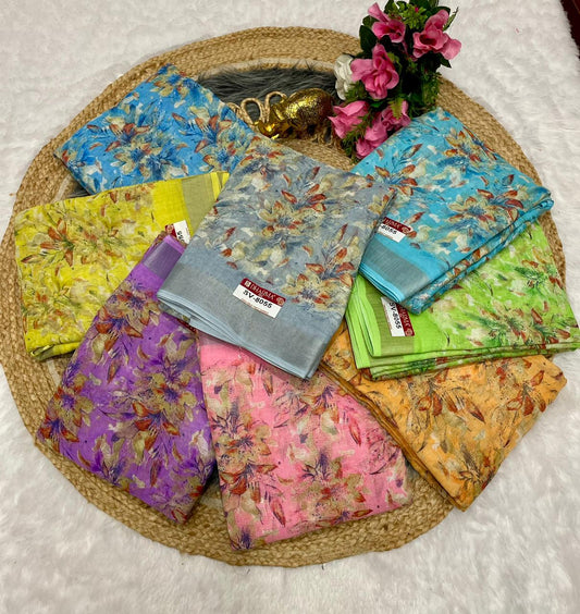 SV-8055 PREMIUM LINEN COTTON SAREE WITH RICH PALLU WITH BEAUTIFUL VIRAL PRINT SAREE WITH PALLU AND BLOUSE