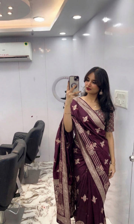 AJ-PARASMATI SOFT DOLA SILK SAREE WITH VIRAL PEACOCK DESIGN WITH OPEN PALLU AND BEAUTIFUL DAMAN DESIGN WITH DMC SIROSKI WORK WITH FIRMA BLOUSE