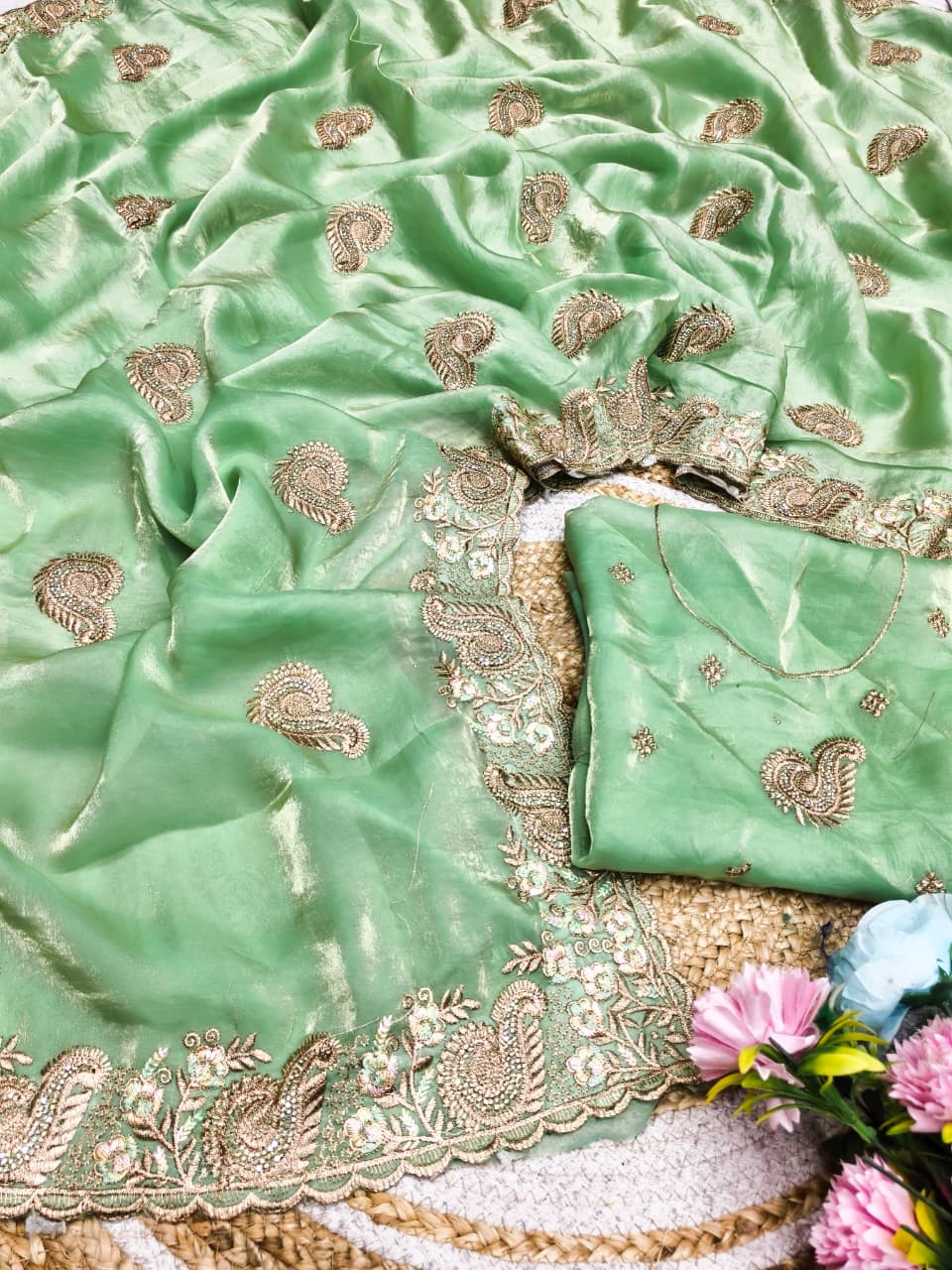 DF-SEEMA FENDI SATIN FABRIC SAREE WITH BEAUTIFUL PESTAL SUMMER SPECIAL MATCHING WITH EMBROIDERY WORK WITH THREAD WORK AND JARKAN WORK WITH HEAVY BLOUSE