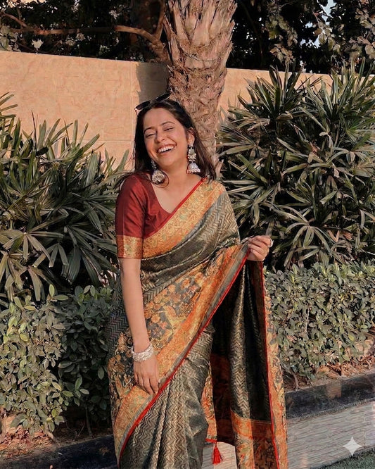 PRINT-3156 BRASSO SAREE AND WHITE WITH BEAUTIFUL FLOWER PURE BRASSO TASTE WITH FOIL PRINT WITH DMC SIROSKI ON BORER WITH CONTRAST PIPING LATKAN AND SUPER TRENDING FIRMA BLOUSE