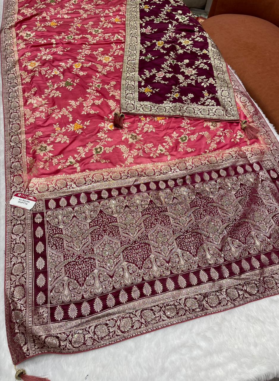 AJ-SUJAL DUPTTA SATIN SILK SAREE WITH RICH PALLU DESIGN WITH HEAVY JARKAN WORK WITH BEAUTIFUL JHAL DESIGN ON BODY WITH MEENAKARI WORK WITH CHAAP DYING WITH BEAUTIFUL DUPATTA WITH HEAVY TASSELS