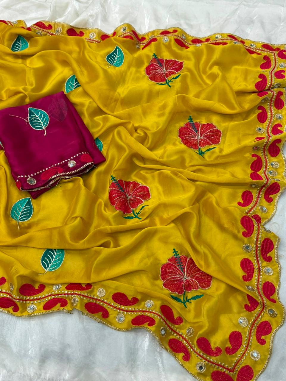 NN-2136 RANGOLI CHIFON FABRIC WITH HEAVY PALLU WORK AND ALLOVER EMBROIDERY WORK WITH BUTTI WITH HEAVY C-PALLU WORK WITH HEAVY MIRROR WORK WITH CONTRAST EMBRODIARY WORK BLOUSE WITH HEAVY MIRROR ON IT