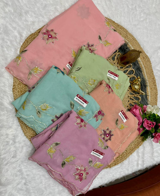 SB-DHURANDAR STAR GEORGETTE SAREE WITH BEAUTIFUL RIBBON WITH MIRROR WKRM WITH BEAUTIFUL CUTWORK BORDER WITH WORK BLOUSE