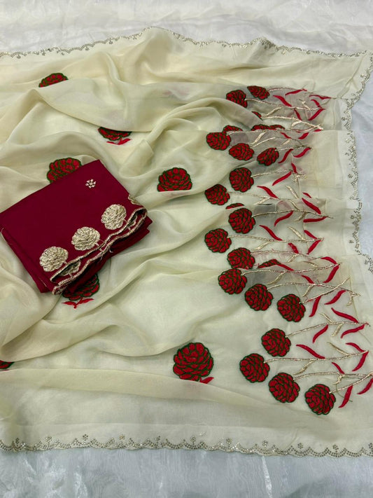 NN-2142 STAR GEORGETTE FABRIC WITH BEAUTIFUL EMBROIDARY WORK WITH C-PALLU DIAMOND WORK ON IT AND CONTRAST HEAVY EMBRODIARY WORK BLOUSE