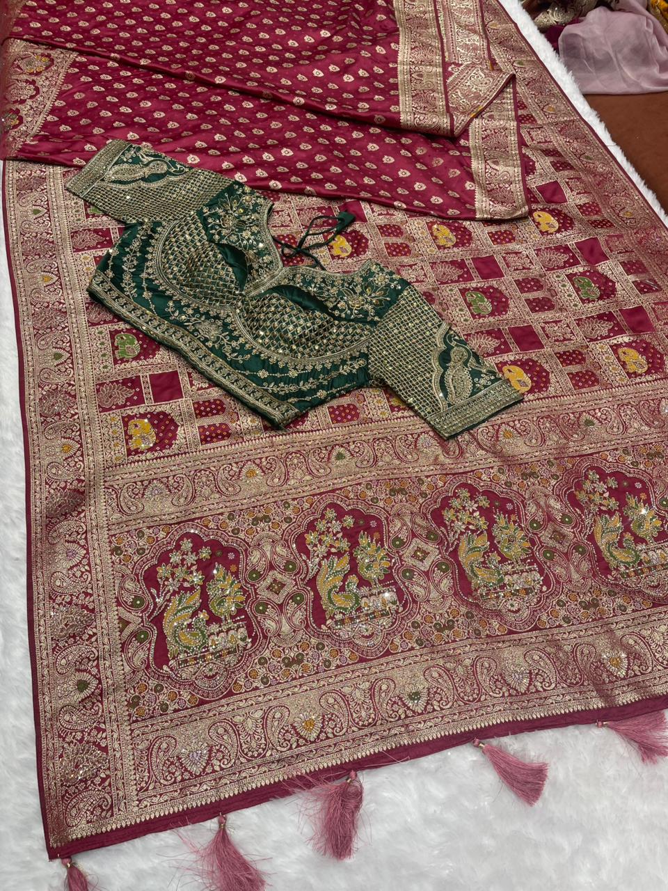 AJ-SIDDHI Satin Silk saree with ghatchola design with jarkan work with meenakari work half half design with contrast fully stitched blouse
