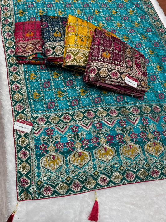 AJ-BANDHANI FENDI SILK SAREE WITH BEAUTIFUL PATOLA PRINT DESIGN WITH EMBORIDERY WORK WITH HEAVY JARKAN WORK ON SAREE WITH LUXURIOUS TASSELS