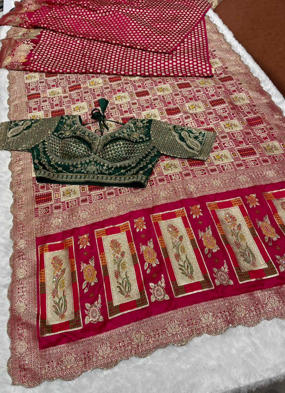 AJ-NIMANTRAN Satin Silk saree with bandani ghatchola design with contrast fully stitched blouse