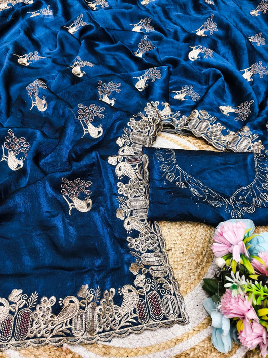 DF-PALAK FENDI SAREE WITH BEAUTIFUL PEACOCK DESIGN WITH EMBROIDERY WORK WITH MULTI SIROSKI