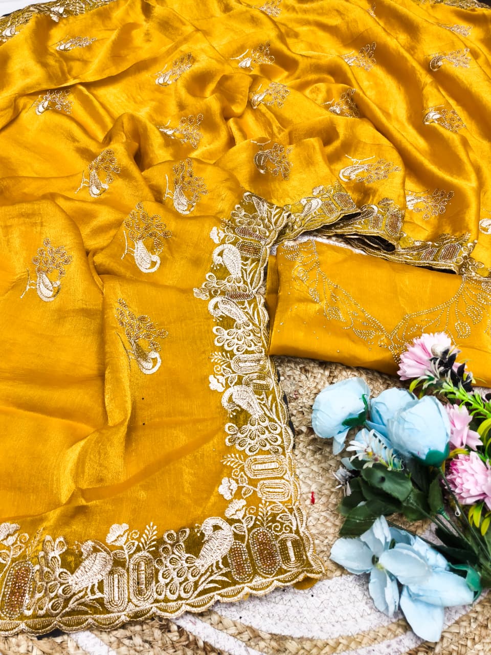 DF-PALAK FENDI SAREE WITH BEAUTIFUL PEACOCK DESIGN WITH EMBROIDERY WORK WITH MULTI SIROSKI