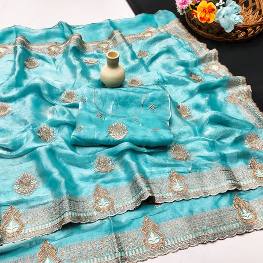 DF-PURVI SATIN SAREE WITH CRUSH TEXTURE WITH EMBROIDERY WORK WITH JARKAN AND THREAD WORK PESTAL COLOUR MATCHING WITH WORK BLOUSE