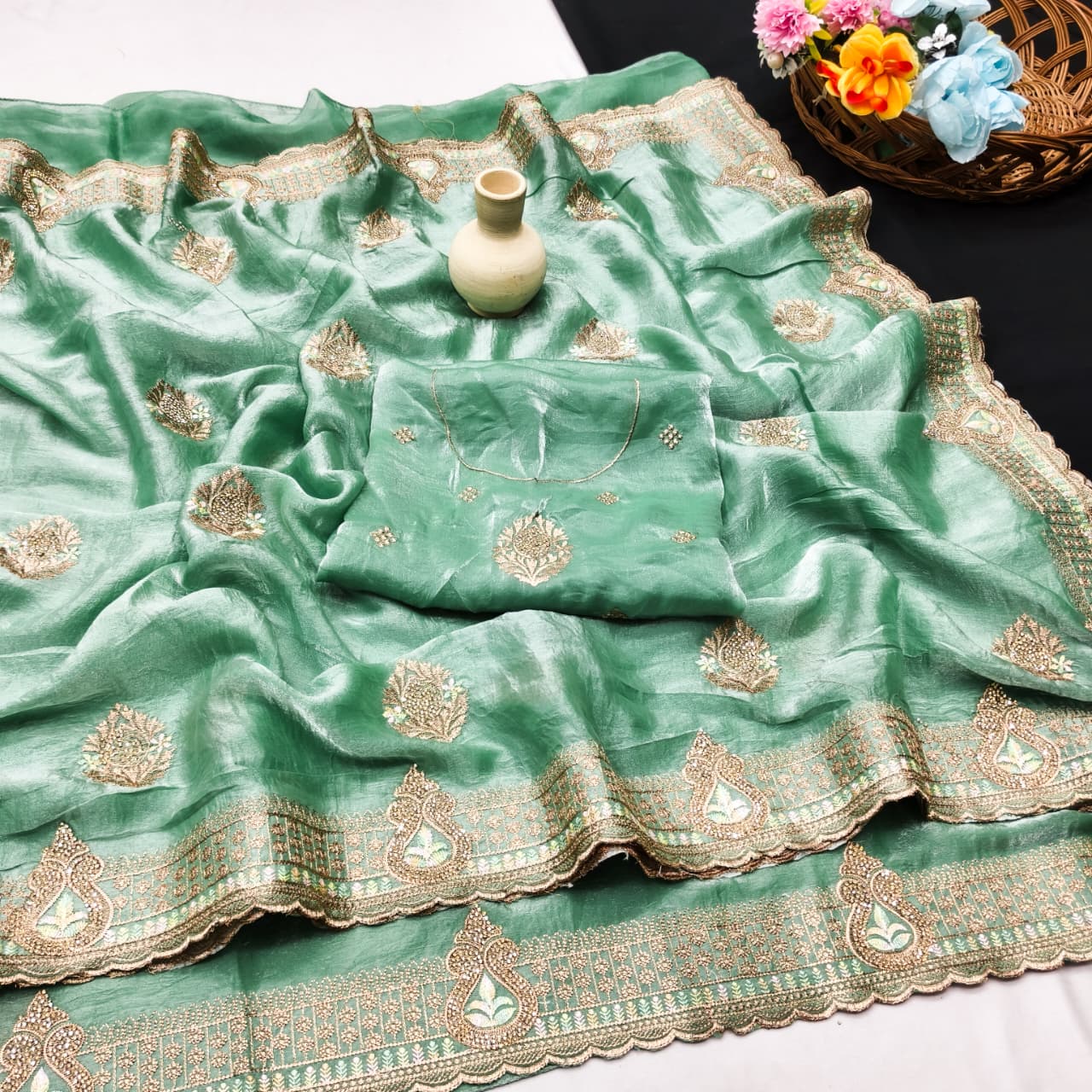 DF-PURVI SATIN SAREE WITH CRUSH TEXTURE WITH EMBROIDERY WORK WITH JARKAN AND THREAD WORK PESTAL COLOUR MATCHING WITH WORK BLOUSE