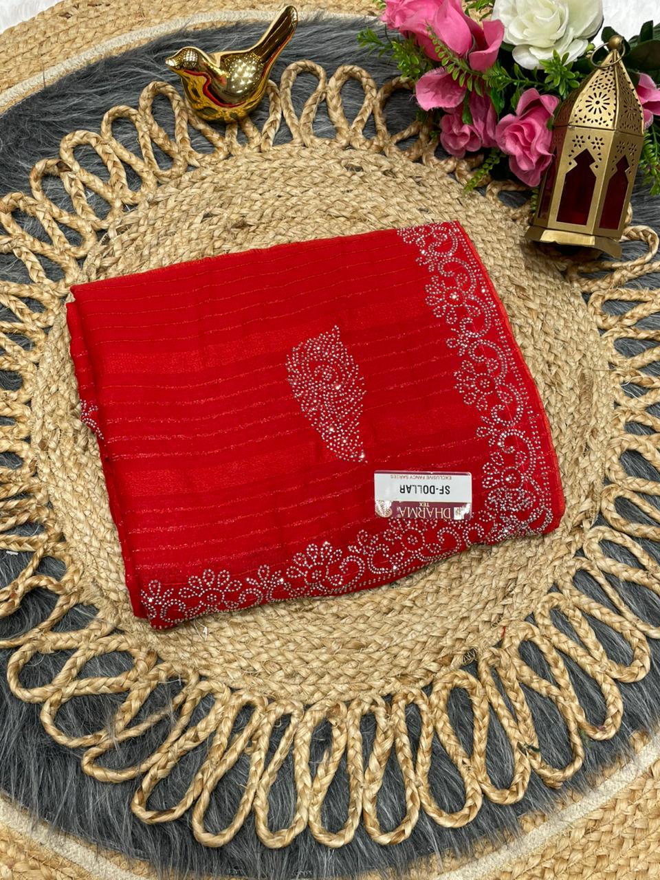 SF-DOLLAR FANCY PAATERN FABRIC SAREE WITH BEAUTIFUL DESIGN WITH SIROSKI WORK ON BORDER WITH SAREE AND BLOUSE