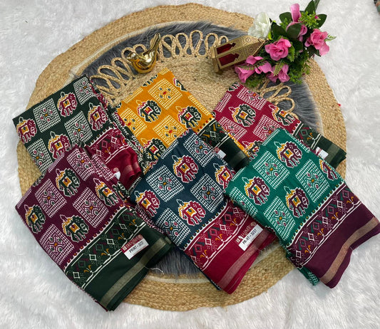 PRINT-3237 MAL COTTON SAREE WITH PATOLA DESIGN WITH RICH PALLU AND HEAVY MILL DESIGN WITH CONTRAST BUTTI BLOUSE