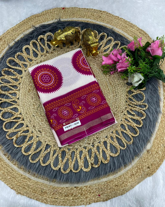 PRINT-3235 MAL COTTON SAREE,VIRAL DESIGN PRINT WITH WHITE COMMON BANDANI DESIGN WITH BEAUTIFUL FOIL WORK WITH BLOUSE 6.30 MTR CUT