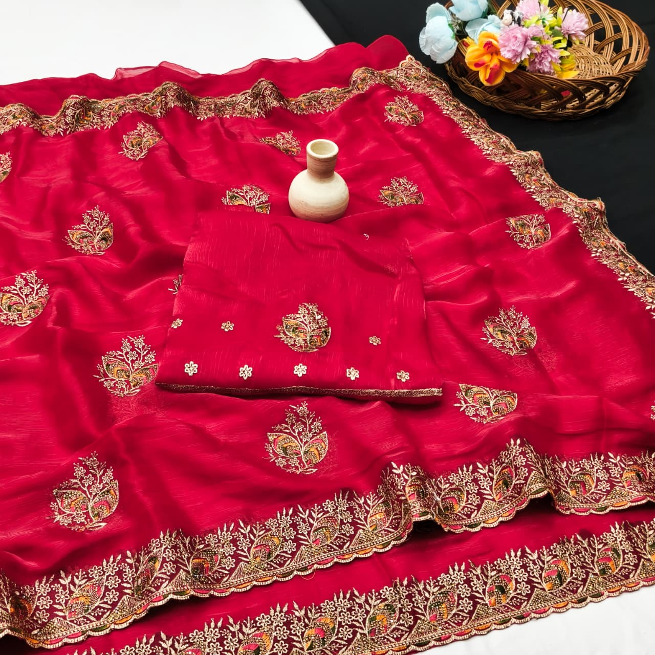 DF-NITYA FENDI SATIN FABRIC SAREE WITH BEAUTIFUL DESIGN WITH SIROSKI WORK ON BUTTA AND BORDER WITH BEAUTIFUL BLOUSE