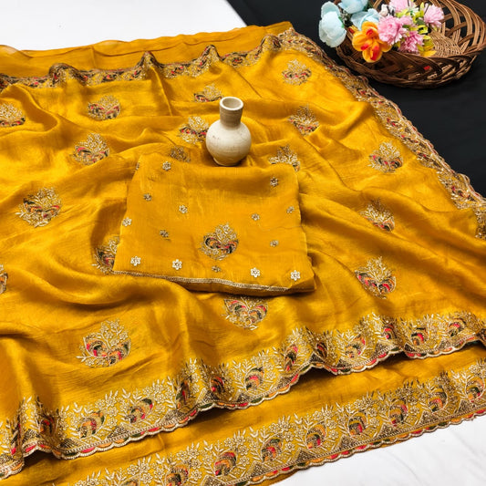 DF-NITYA FENDI SATIN FABRIC SAREE WITH BEAUTIFUL DESIGN WITH SIROSKI WORK ON BUTTA AND BORDER WITH BEAUTIFUL BLOUSE