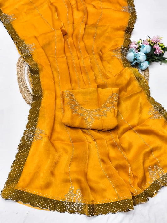 DF-SANCHIT FENDI SAREE WITH HEAVY JARKAN WORK WITH JODA DESIGN AND HEAVY JARKAN BORDER WITH HEAVY BLOUSE
