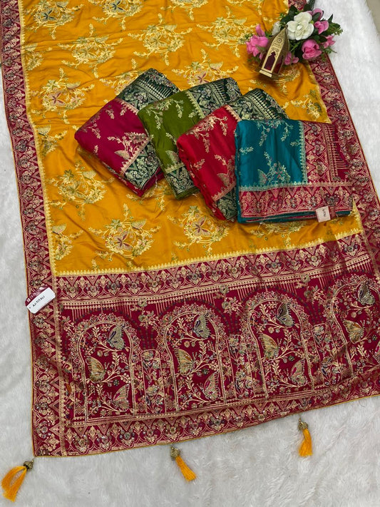 AJ-TITALI SATIN SILK WITH BEAUTFUL PALLU WITH HEAVY DESIGN WITH JARKAN WORK WITH BEAUTIFUL BUTTERFLY DESIGN ON BODY AND PALLU WITH MEENAKARI WORK AND LUXURIOUS TASSELS WITH CONTRAST BUTTI BLOUSE
