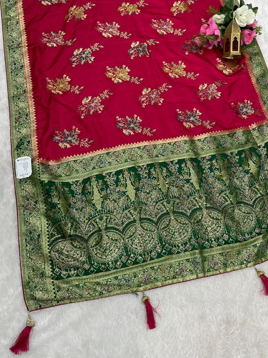 AJ-MANALI SATIN SILK WITH BEAUTFUL PALLU WITH HEAVY DESIGN WITH HEAVY JARKAN WORK WITH MEENAKARI WORK AND LUXURIOUS TASSELS WITH CONTRAST BUTTI BLOUSE