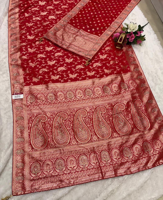 AJ-RIYA DUPATTA SATIN SILK SAREE WITH BEAUTIFUL DESIGN WITH HEAVY JARKAN WORK WITH HEAVY PEACOCK JHAL DESIGN ON BODY AND HEAVY JARKAN WORK DUPTTA WITH HEAVY LUXUIROUS TASSELS