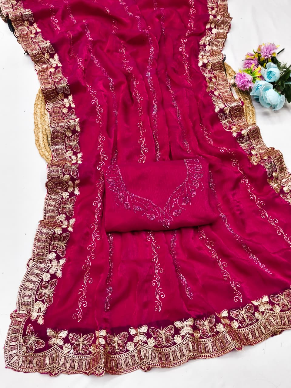 DF-BUTTERFLY FENDI CHIFFON SAREE WITH EMBROIDERY WORK WITH MULTI SIROSKI WITH WORKING BLOUSE