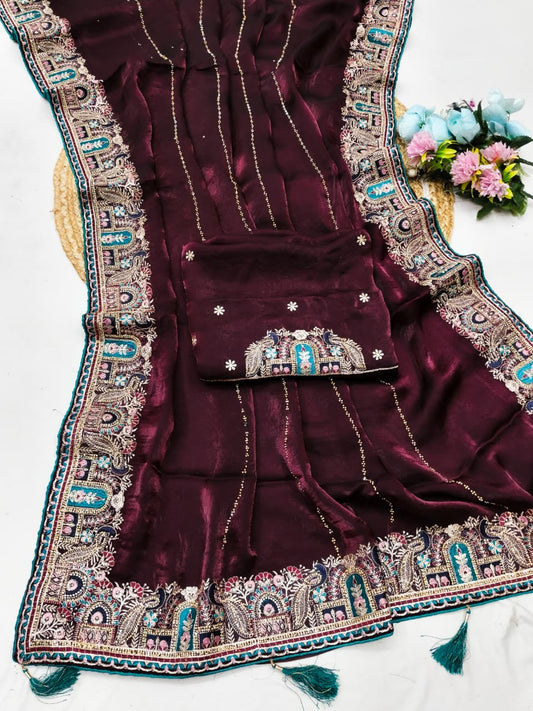 DF-ANERI FENDI SATIN SAREE WITH BEAUTIFUL HEAVY EMBRIDERY WORK WITH THREAD AND JARKAN WORK WITH BEAUTIFUL HEAVY BLOUSE