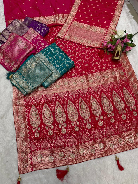 AJ-ZARA DUPATTA SATIN SILK SAREE WITH HEAVY JARKAN WORK WITH BEAUTIFUL BRIDAL SAREE AND BEAUTIFUL HEAVY JHAL DESIGN ON BODY WITH BUTTI BLOUSE AND HEAVY JARKAN WORK WITH DUPPTA AND MOST TRENDING SAREE