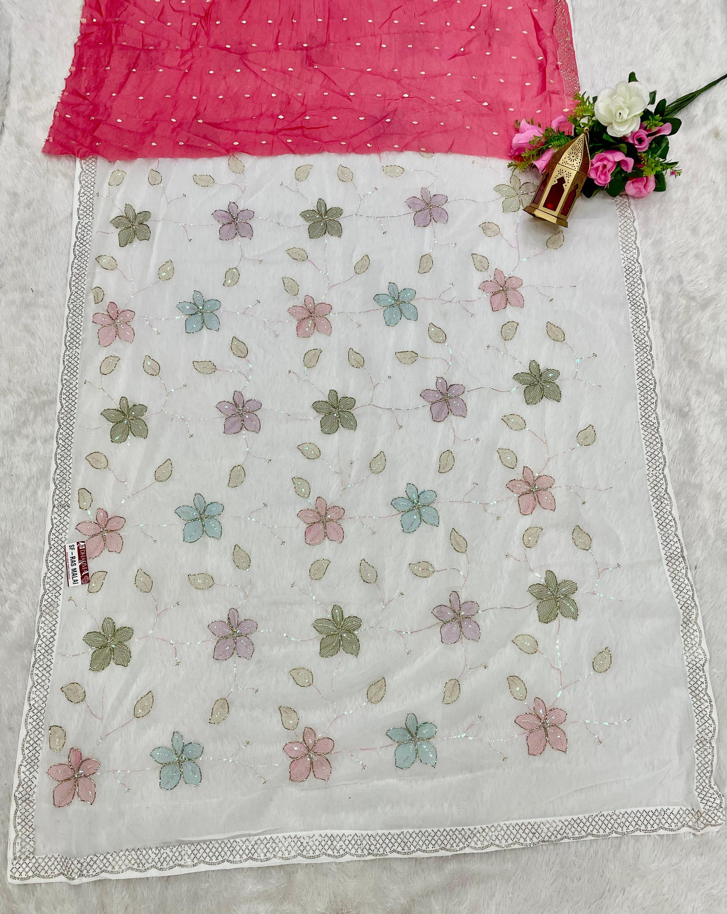 SF-RAS MALAI STAR GEORGETTE SAREE WITH BEAUTIFUL FLOWER DESIGN WITH WHITE COMMON AND HEAVY HANDWORK ON SAREE WITH DMC SIROSKI WORK WITH BEAUTIFUL BLOUSE