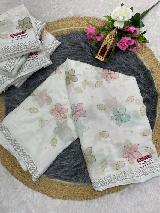 SF-RAS MALAI STAR GEORGETTE SAREE WITH BEAUTIFUL FLOWER DESIGN WITH WHITE COMMON AND HEAVY HANDWORK ON SAREE WITH DMC SIROSKI WORK WITH BEAUTIFUL BLOUSE