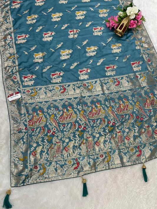 AJ-PARUL SATIN SILK SARE WITH BEAUTIFUL DESIGN WITH JODA DESIGN AND HEAVY JARKAN WORK WITH MEENA KARI WORK WITH BLOUSE AND LUXURIOUS TASSELS