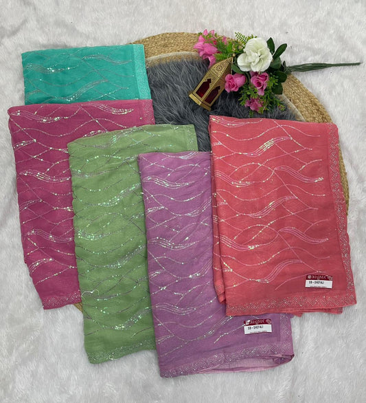 SB-SHEFALI SIMMER SAREE WITH BEAUTIFUL SEQUENCE WORK WITH BEAUTIFUL DMC SIROSKI BORDER